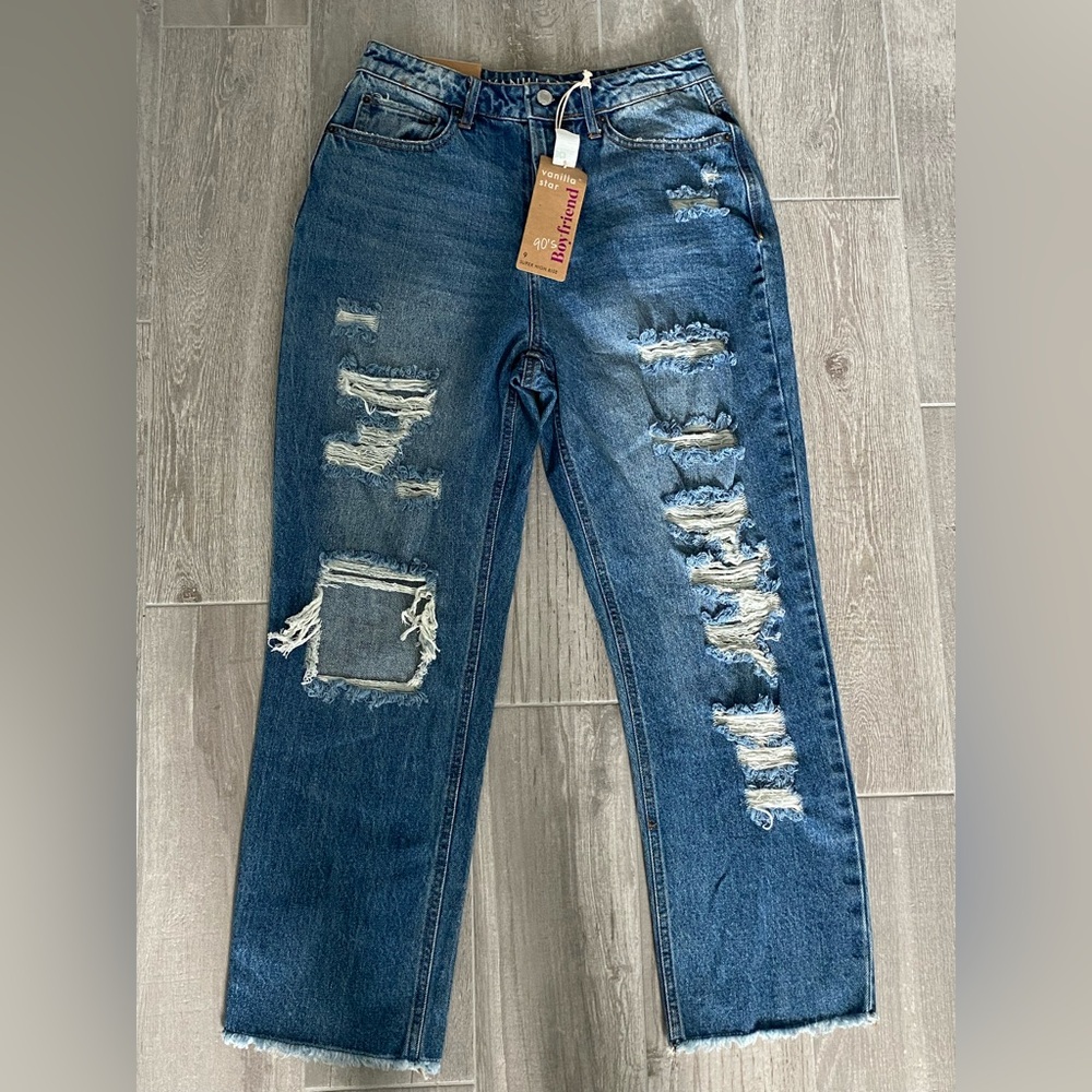NWT Vanilla Star Distressed 90's Boyfriend Jeans high-rise straight-leg size 9 - Picture 4 of 16